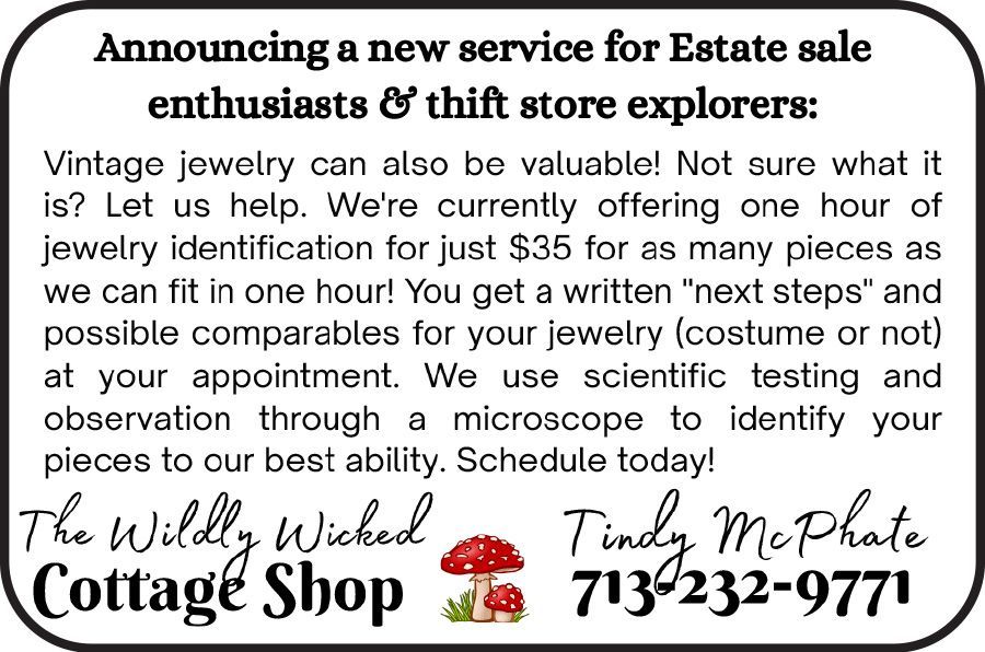 Advertisement for The Wildly Wicked Cottage Shop, re-opening in Montgomery. Features text and two QR codes.