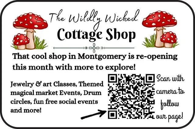 Advertisement for The Wildly Wicked Cottage Shop, re-opening in Montgomery. Features text and two QR codes.