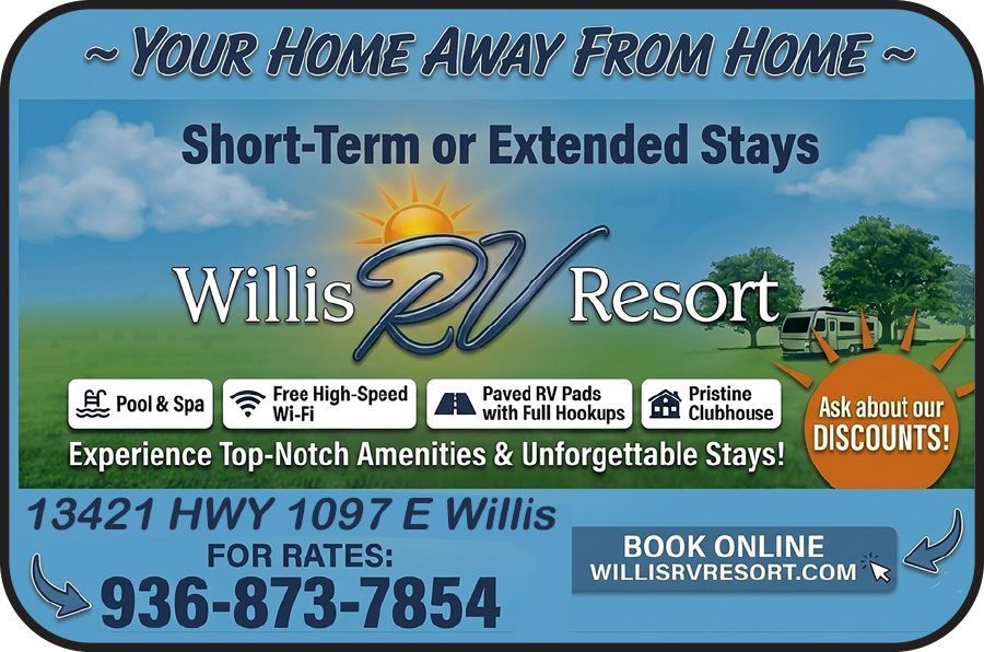 Willis RV Resort ad with blue sky, pool, Wi‑Fi, pet wash, fishing, discounts, phone number, and website