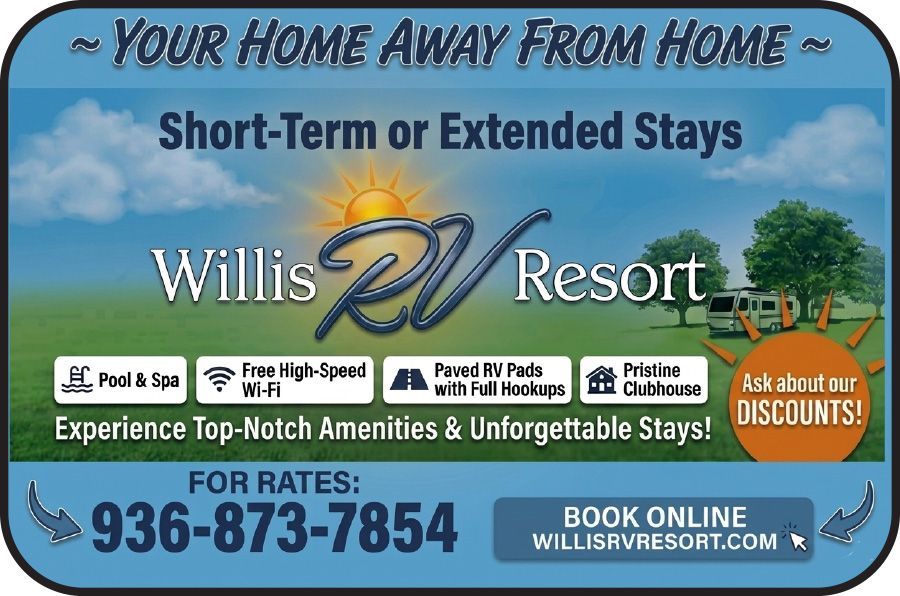 Willis RV Resort ad with blue sky, pool, Wi‑Fi, pet wash, fishing, discounts, phone number, and website