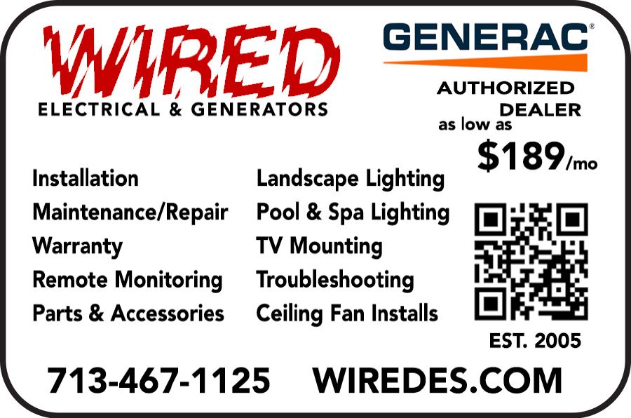 WIREDS Electrical & Generators ad with services, QR code, website, phone number, and Generac promotion