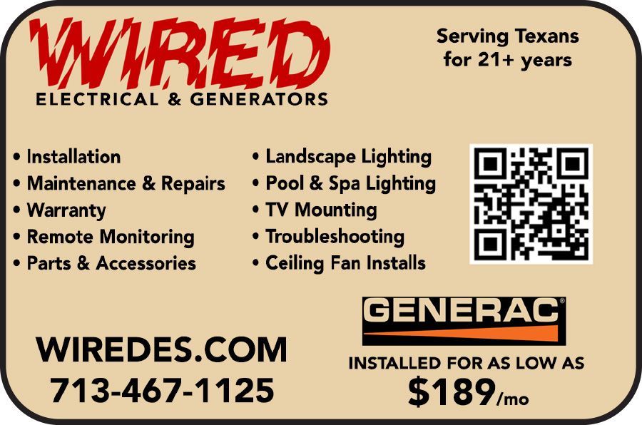 WIREDS Electrical & Generators ad with services, QR code, website, phone number, and Generac promotion