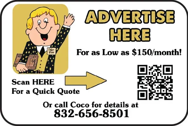 Advertisement: Cartoon man waving, text 