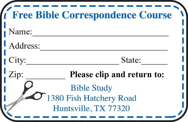 Label for a free Bible correspondence course.