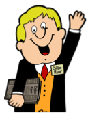 A cartoon of a man in a suit and tie holding a book and waving.