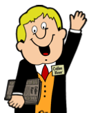 A cartoon of a man in a suit and tie holding a book and waving.
