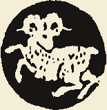 A white ram with large horns inside a black circle.