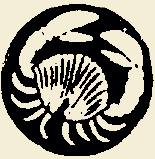 Circular black and white crest featuring a clam and a crab or lobster-like form.