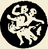 Two stylized figures dancing inside a black circle.