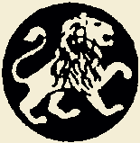 Lion silhouette in white against a black circle.