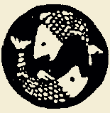 Two fish swimming in a circle, white on a black background.