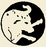 Black and white abstract design within a circle. Shape resembles a mammal with spots.