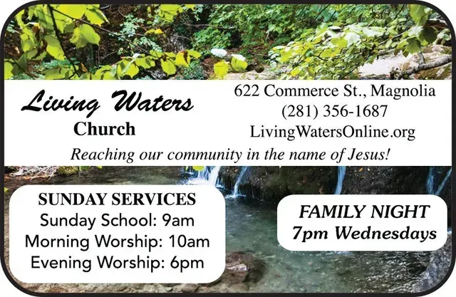 Church advertisement with service times and contact info against a nature scene.