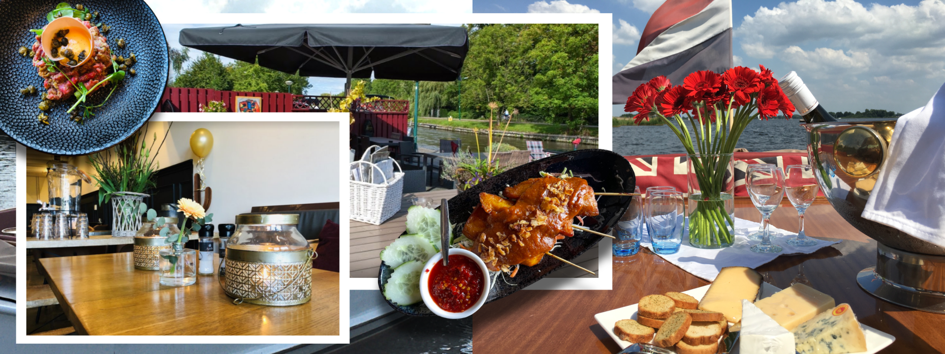 Een collage met afbeeldingen van gastronomische maaltijden, een door lantaarns verlichte tafel binnen, een tuinterras en een kaasplankje met wijn.