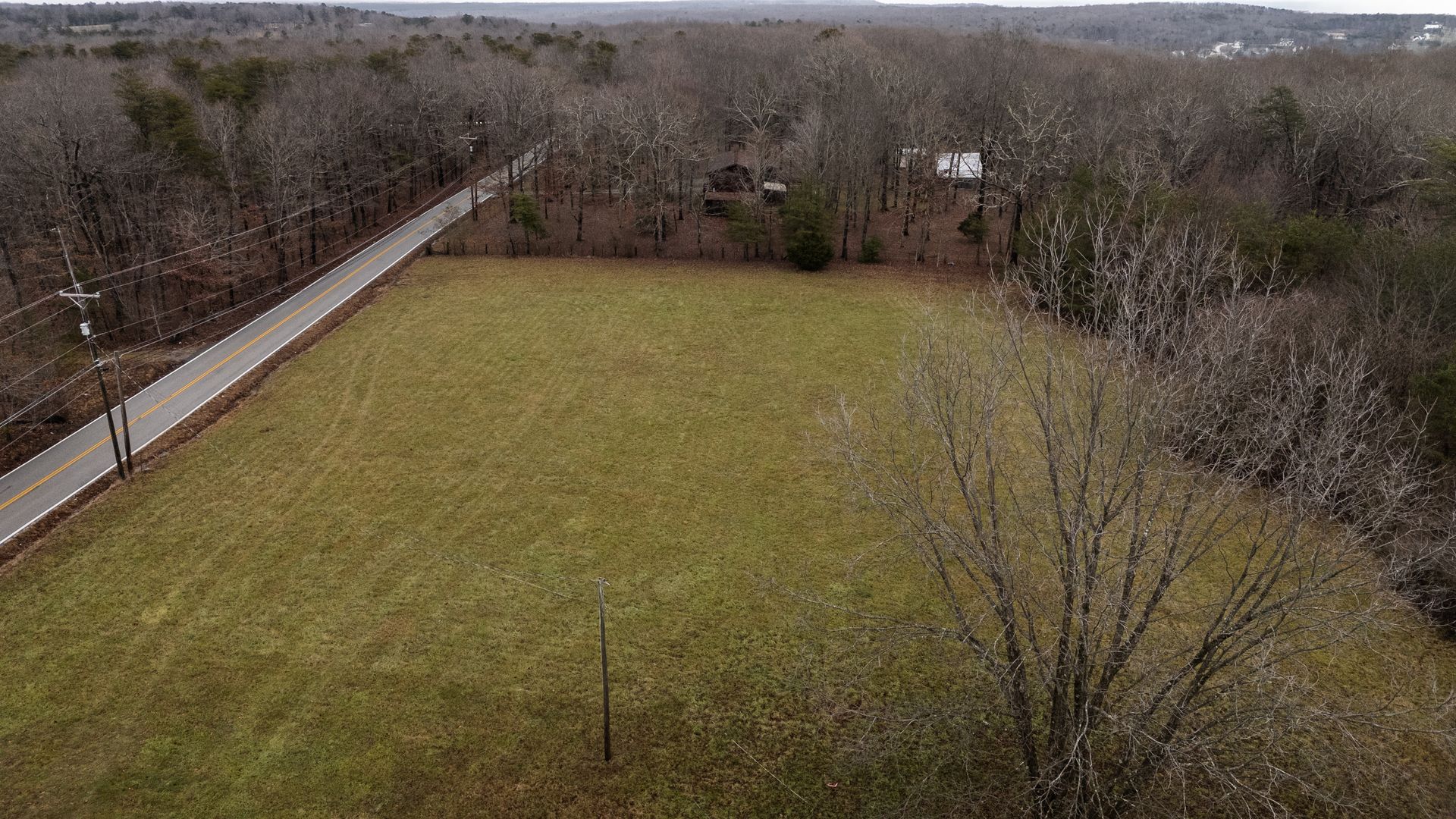 Open grassy field next to a road, surrounded by bare trees.