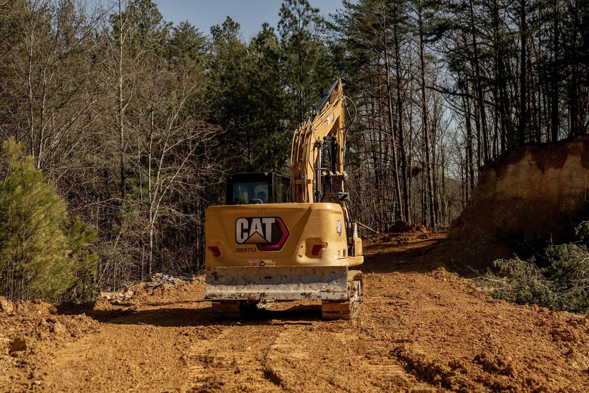 Yellow CAT excavator on a dirt road, clearing land in a forest setting.