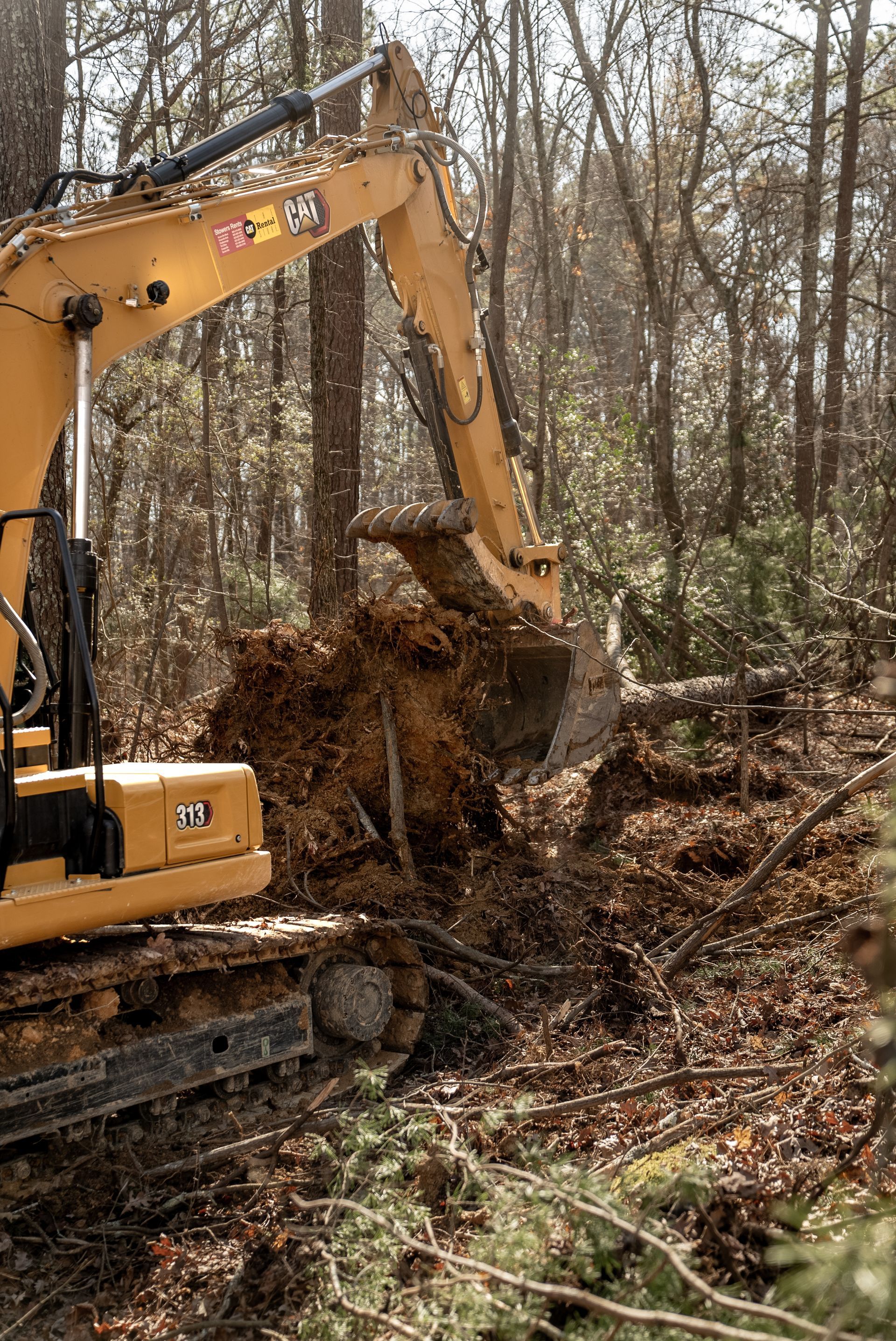 Yellow excavator digging into a wooded area, scooping up dirt and debris.