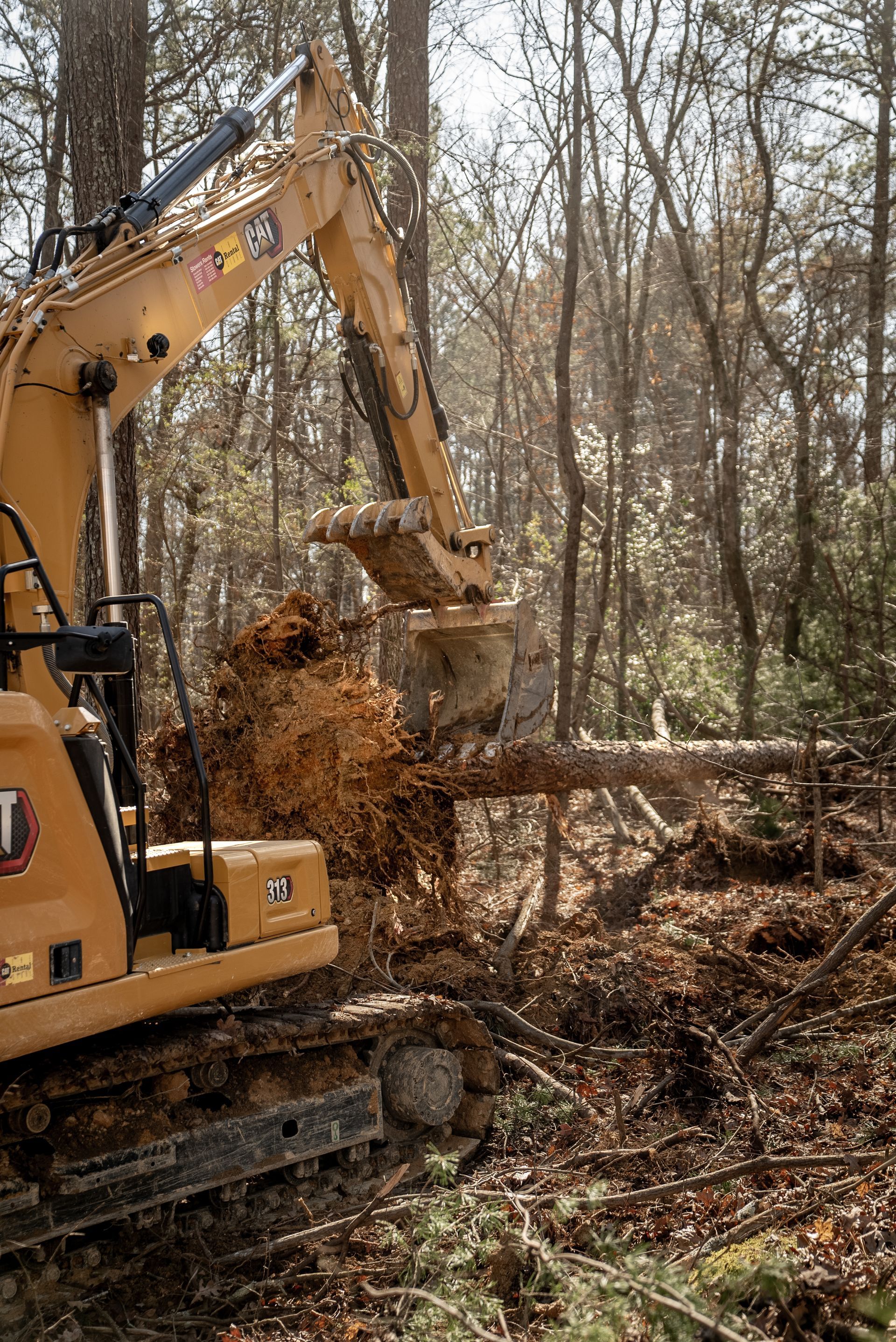 Yellow excavator digging in a wooded area, scooping up tree debris and logs.