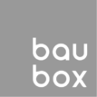 The word "bau" above "box" in white, sans-serif font centered on a grey square background.