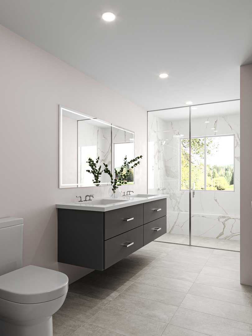 Modern bathroom with a charcoal floating vanity, dual sinks, large mirror, white walls, and a glass-enclosed shower.
