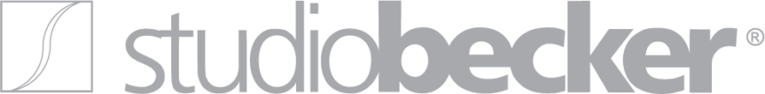The grey Studio Becker company logo featuring a square icon with an abstract curved line next to the brand name text.
