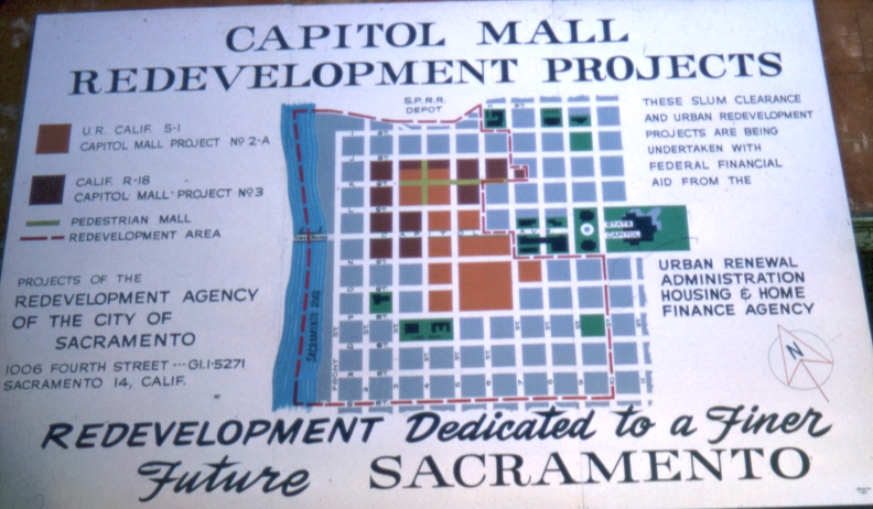 Diagram of redevelopment areas planned as part of the Capitol Mall Redevelopment Project. The site of Capitol Towers is marked with a red star (ca. 1960). Source: Center for Sacramento History, Dr. Don Jewel Collection, 1981/140/016. Edited by Page & Turnbull.