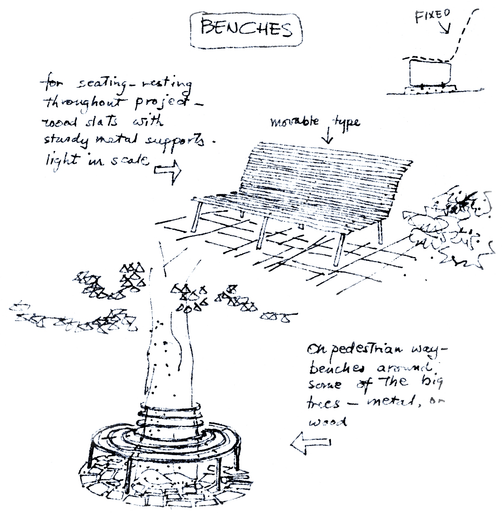 Sketches of benches and other site furniture for Capitol Towers