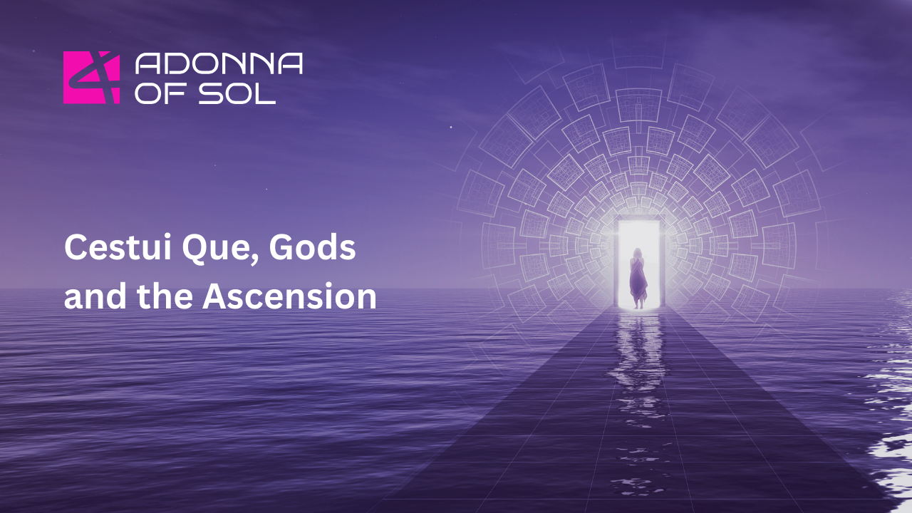 A figure stands at a bright doorway on a path over water under a purple sky, titled 