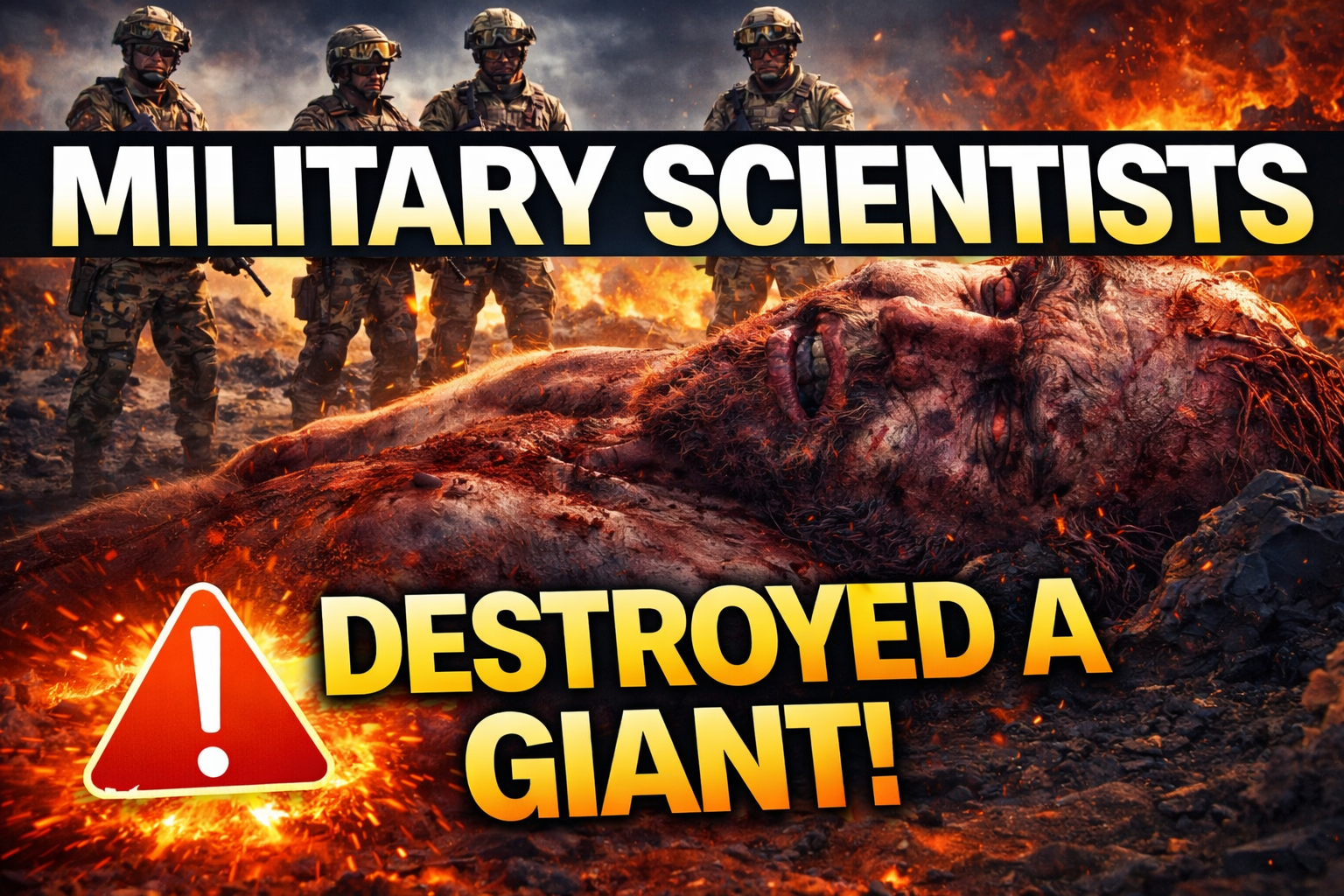 Military scientists stand over a giant, charred body in a fiery setting.