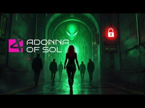 Woman in silhouette leads a group through a green-lit tunnel with an alien-like figure above. Locked red door present.