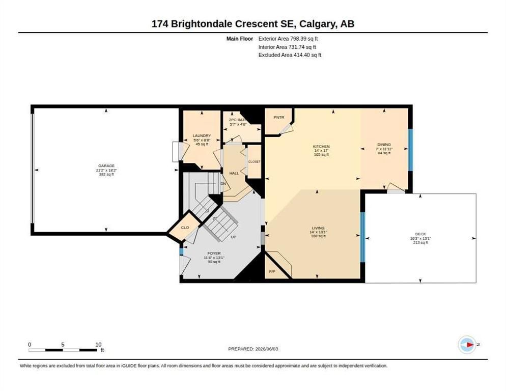 Floor plan for a house at 174 Brightondale Crescent SE, Calgary, showing room layout and dimensions.
