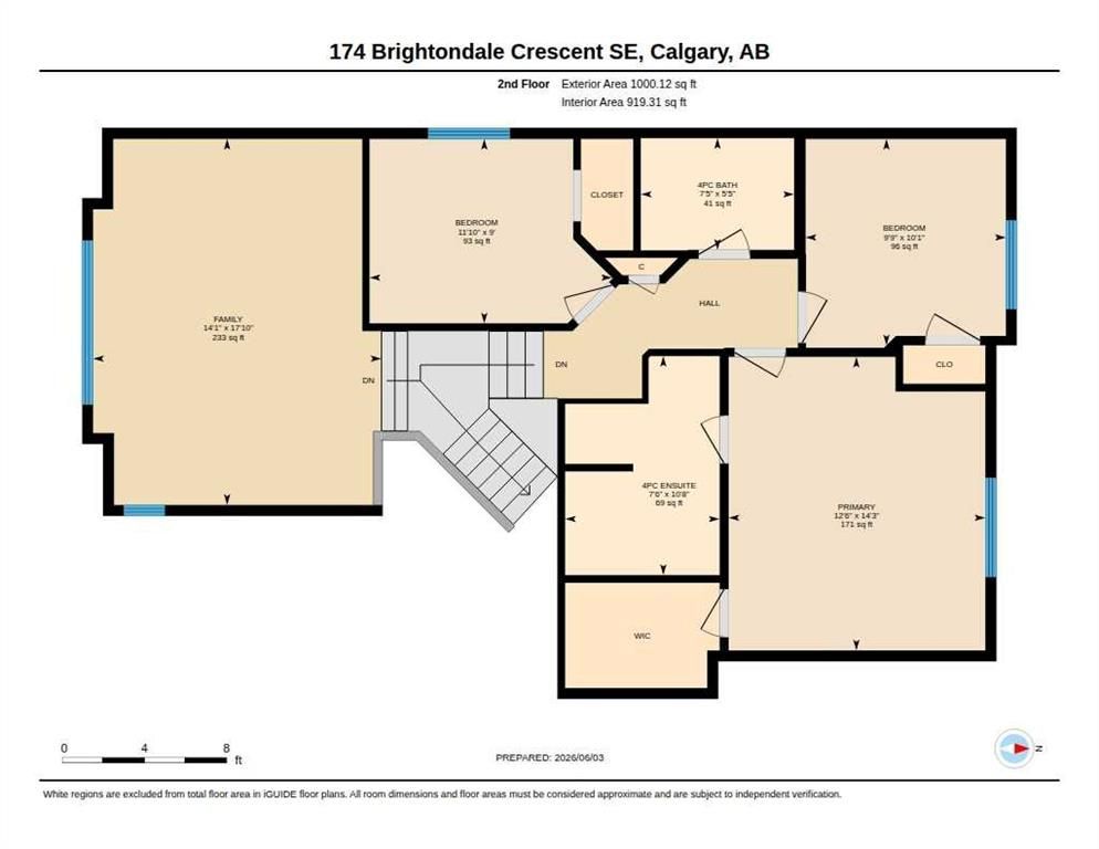 Floor plan of a home at 174 Bridlewood Crescent SE, Calgary, with labeled rooms and staircases.