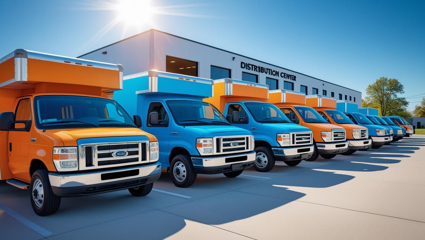 A row of orange and blue delivery trucks parked in front of a building on a sunny day.