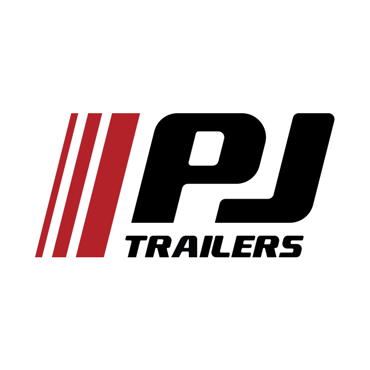 The logo for pj trailers is black and red on a white background.