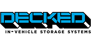 A blue and black logo for a company called decked in vehicle storage systems.