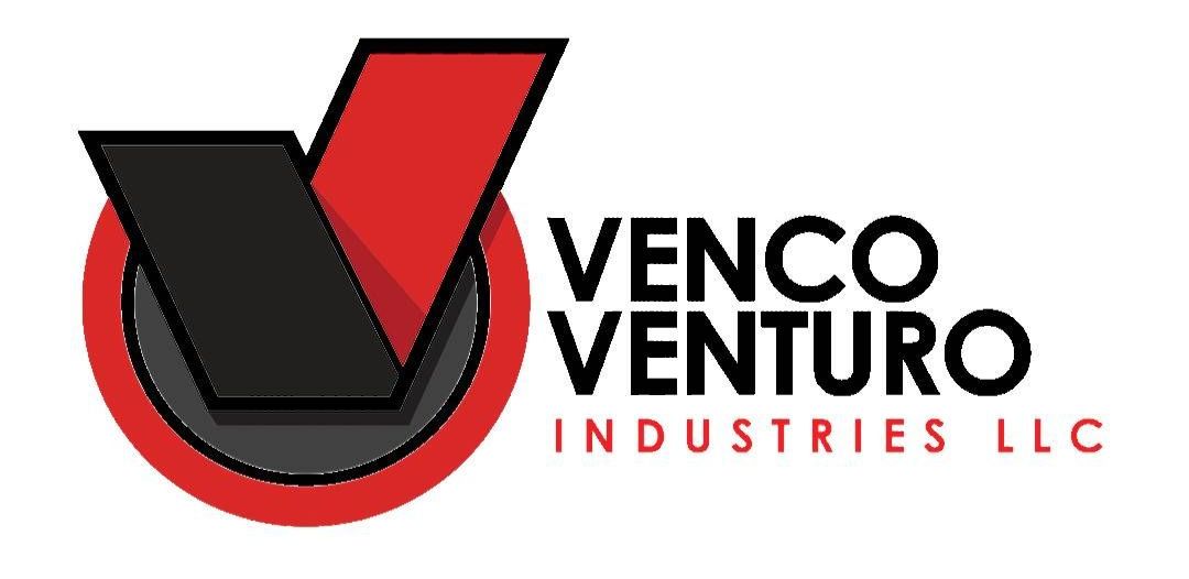 The logo for venco venture industries llc is red and black.