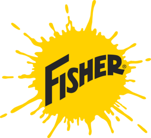 A yellow fisher logo with a white background