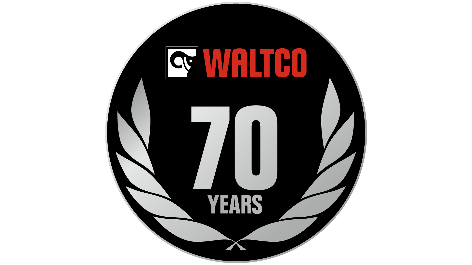 A waltco 70 years logo with a laurel wreath