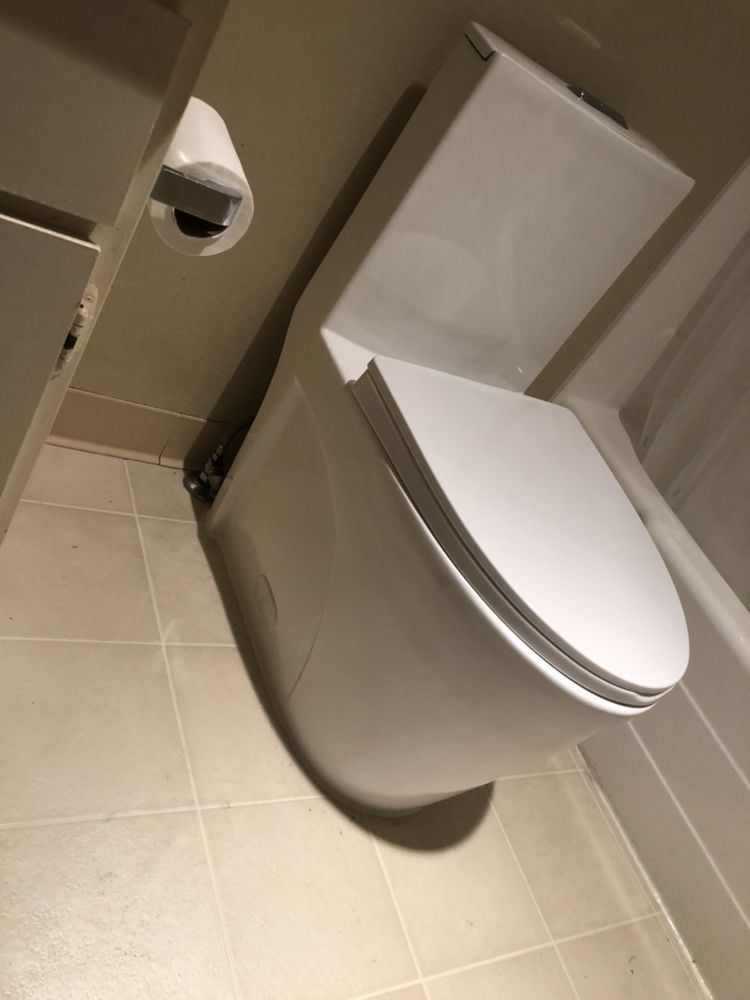 White, modern toilet in a bathroom, with a toilet paper roll above.