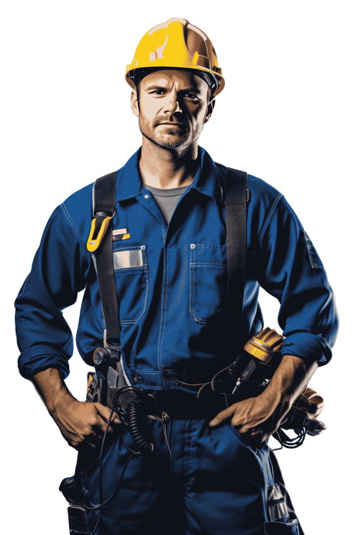 A man wearing a hard hat and blue overalls is standing with his hands on his hips.