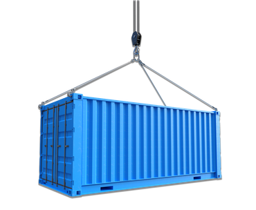 A blue shipping container is being lifted by a crane.