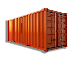 An orange shipping container with a shadow on a white background.