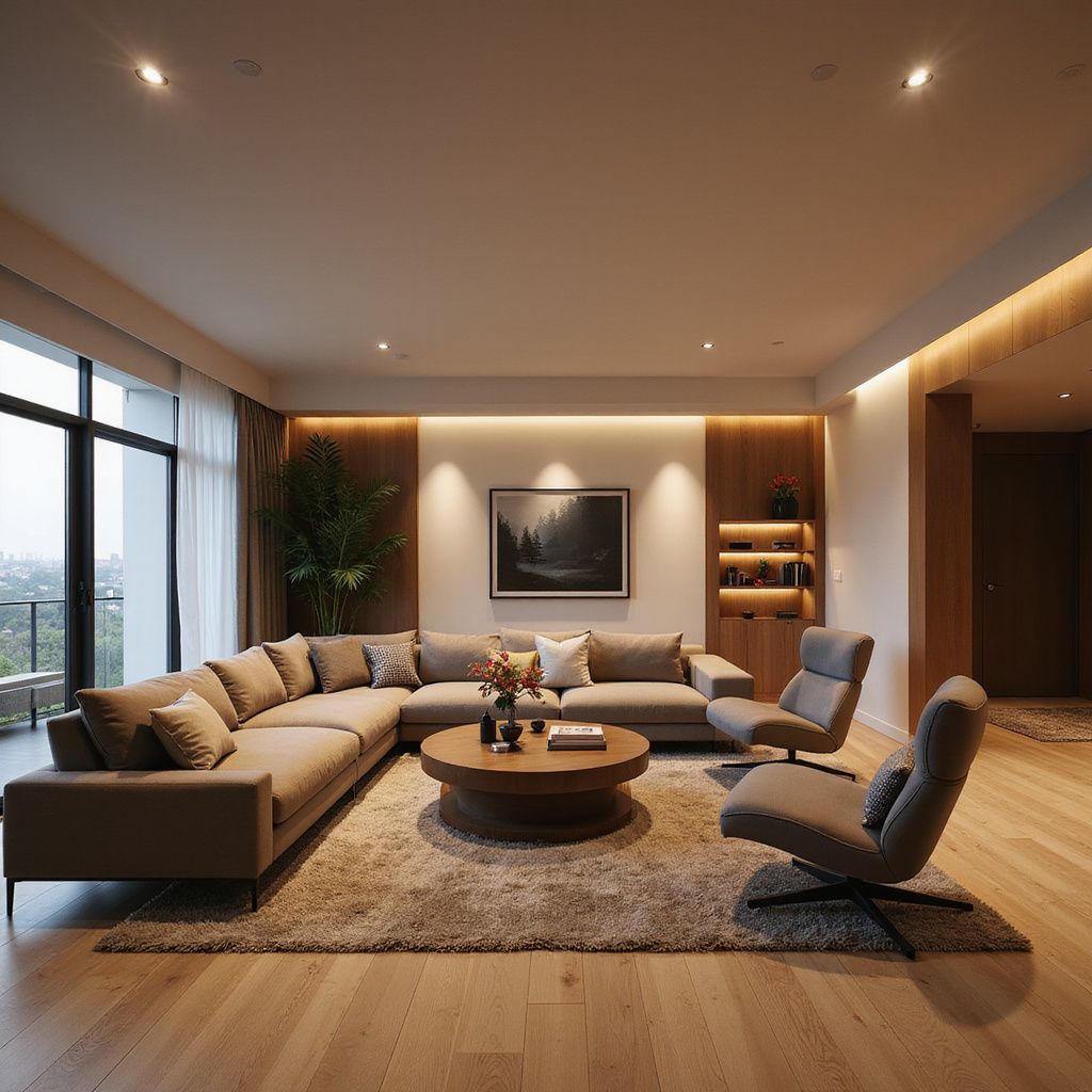Modern living room with a sectional sofa, coffee table, and two chairs. Neutral tones, wood floors, and a landscape photo.