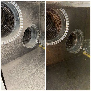 Two side-by-side images: air duct interior. One is dusty, the other is clean. Circular metal vents visible.