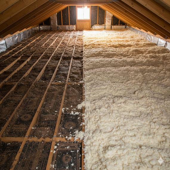 Attic with insulation being installed; half the floor is covered in insulation, the other half is bare.