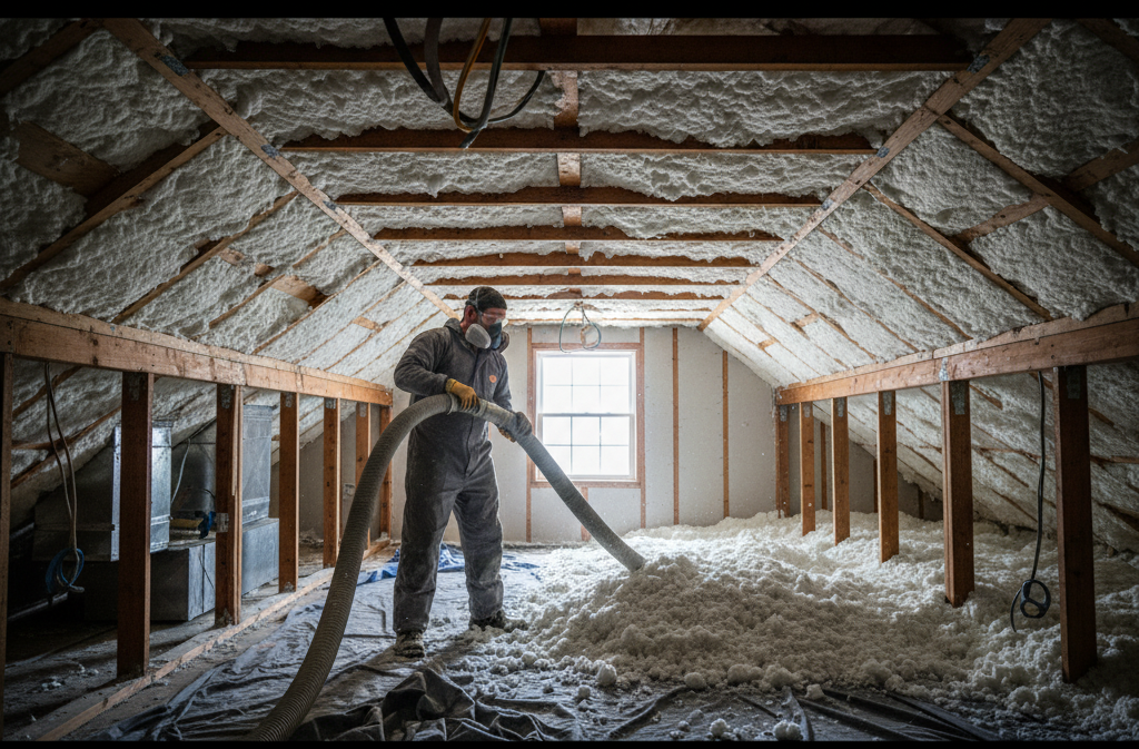 Person in protective gear sprays insulation into attic.