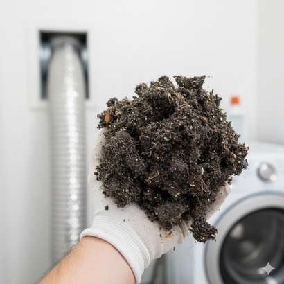 Gloved hand holding a large clump of dark, fibrous lint. Laundry room setting with a dryer vent and washing machine.