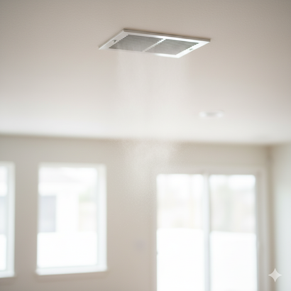 Ceiling vent in a white room, steam visible. Windows along the wall.