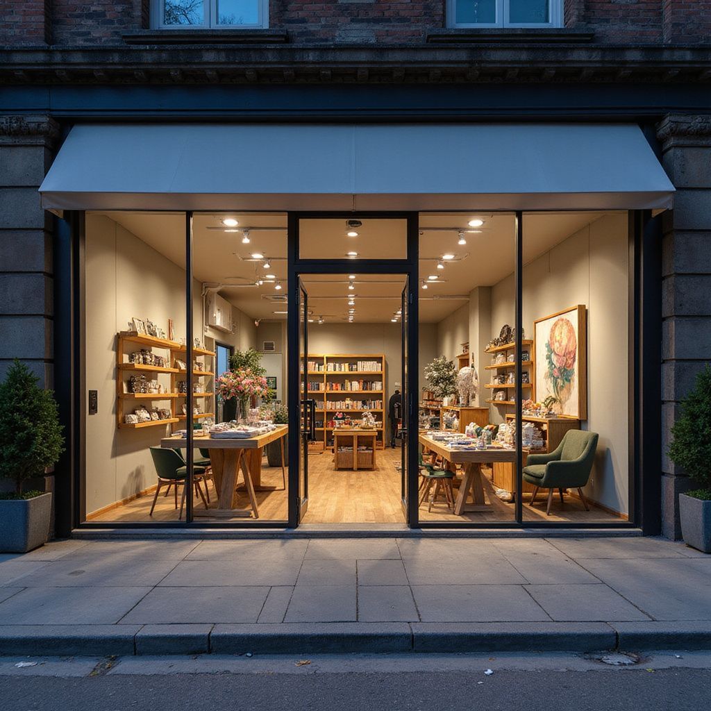 Shopfront with glass doors, illuminated interior, wooden display shelves, and tables with goods for sale.