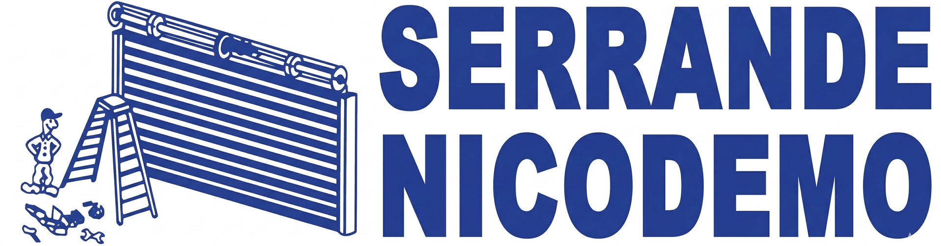 Logo: testo blu "SERRANDE NICODEMO" accanto alla grafica di una serranda avvolgibile con una figura.